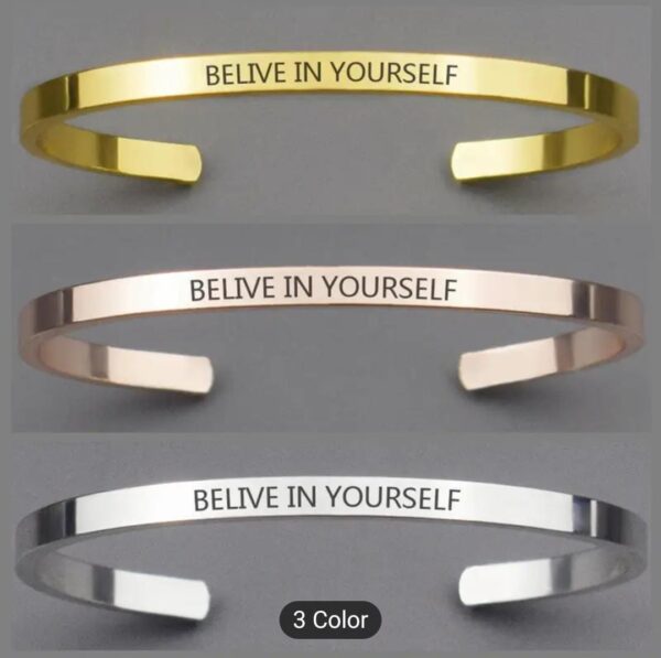 “Believe In Yourself” – Inspirational Engraved Stainless Steel Cuff Bracelet | Unisex Minimalist Jewelry Gift - Image 2