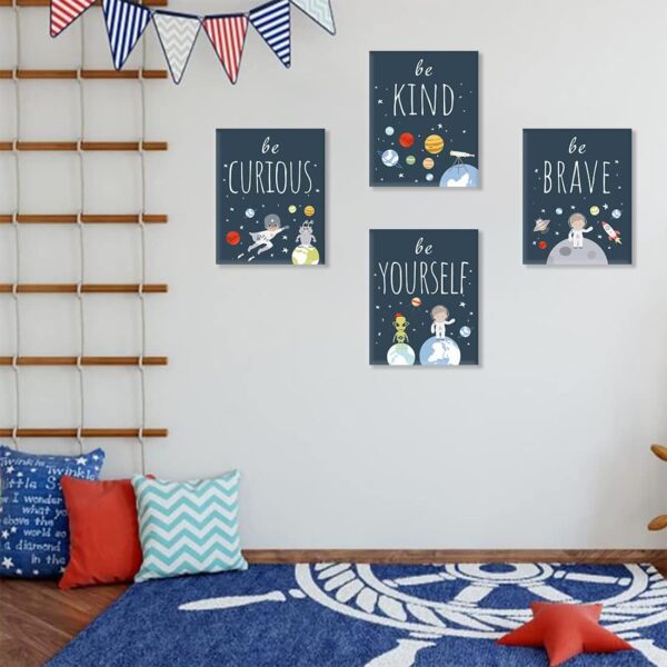 “Be Kind” Abstract Universe Wall Art – Set of 4 Framed 8x10” Inspirational Space Prints for Kids Room, Boys Bedroom, Nursery, or Playroom